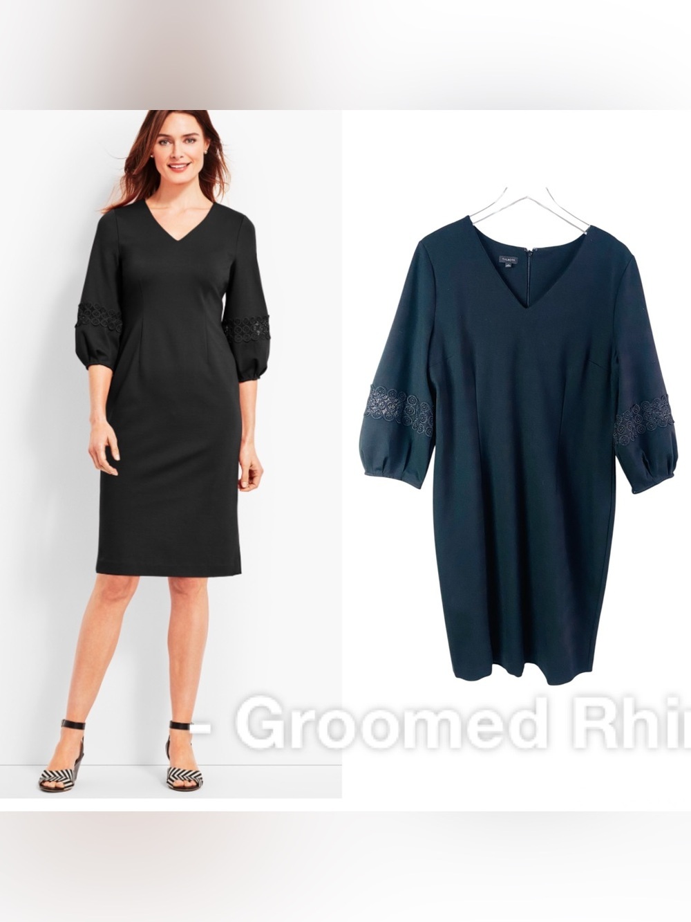Talbots Black V Neck Heath Dress W/ Lace Sleeve Details Size 14